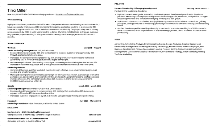 Sample of a two-page professional executive resume