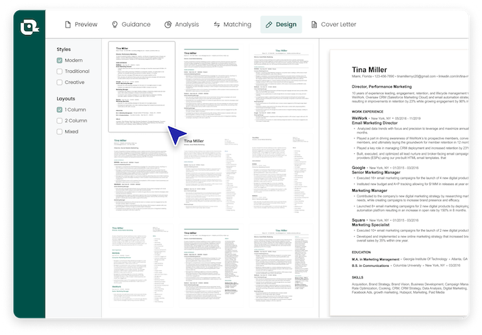 example of executive resume template options in Teal's resume maker 