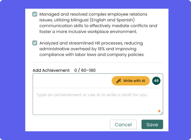 Teal's AI Achievement Generator creates three bullet points at a time. 