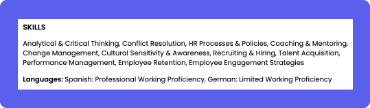 Example of skills on a resume in the Language section