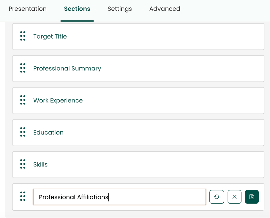 Teal's Sections tab in the resume builder