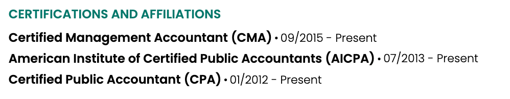 Affiliations on a resume example