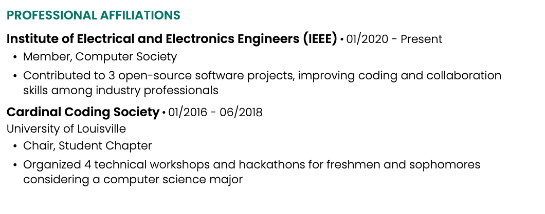 Professional affiliations example for a resume