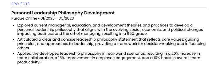 A screenshot of a section for projects in a resume 