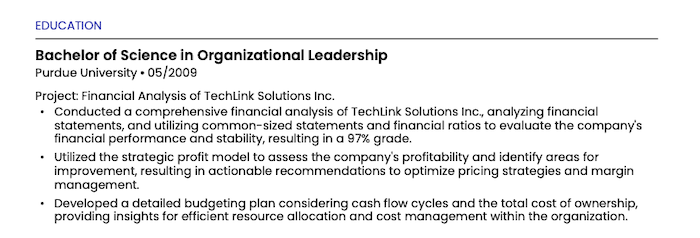A screenshot of project in an resume education section 