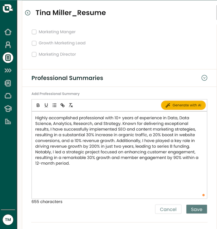A screenshot of the Teal Resume Builder's professional summary section