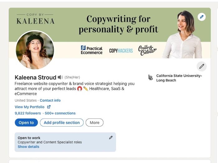 example of an optimized LinkedIn portfolio page
