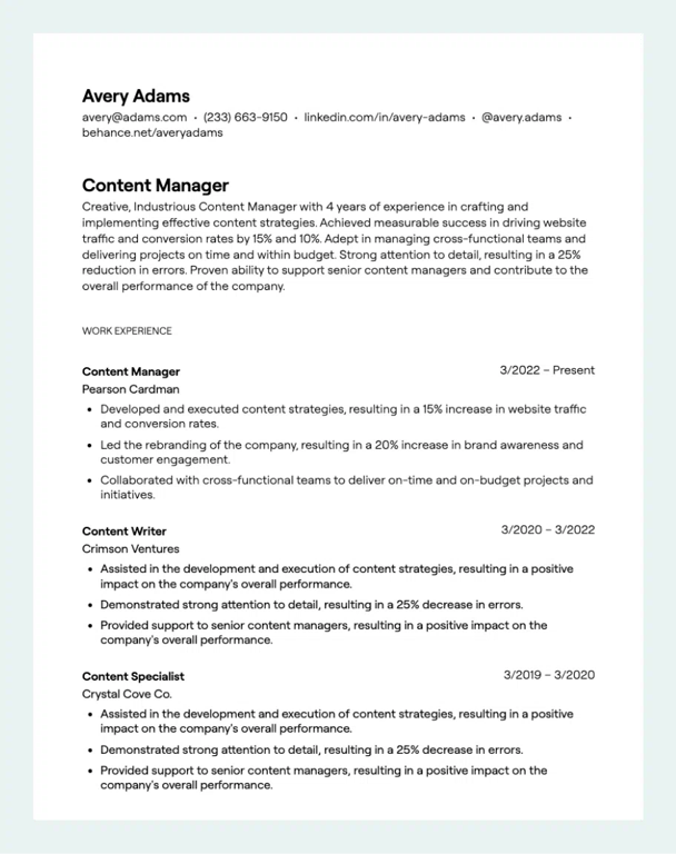 portfolio and resume example content manager