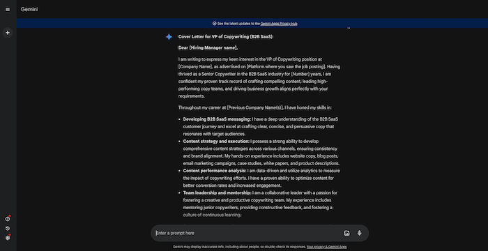 A screenshot of a Google AI cover letter