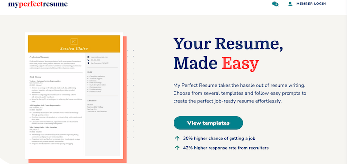 A screenshot of MyPerfect Resume's homepage