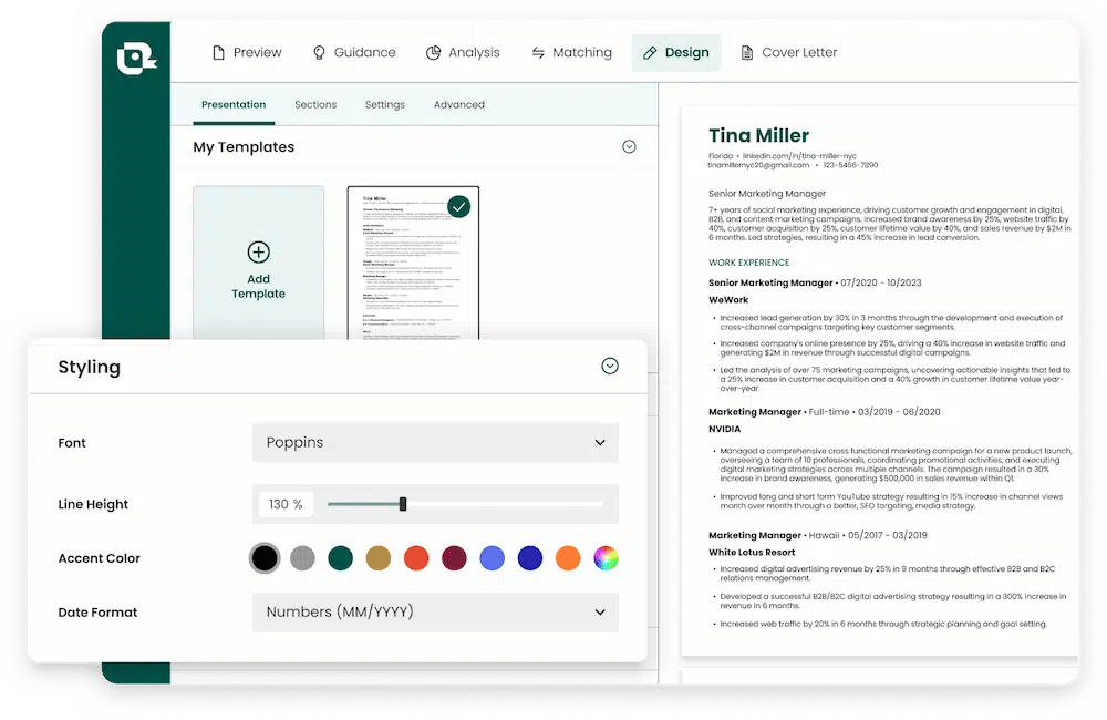 A graphic of Teal's in-platform flexible resume design
