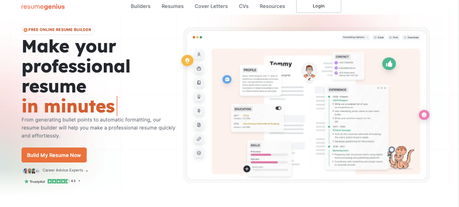 Screenshot of Resume Genius homepage
