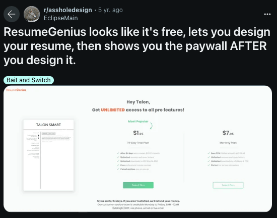 Resume Genius looks like you can build a free resume but then asks for money according to this review
