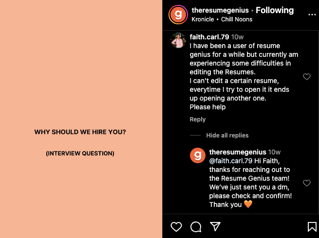 Resume Genius review on Instagram