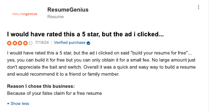 Resume Builder reviewer claims "yes, you can build it for free but you can only obtain it for a small fee"