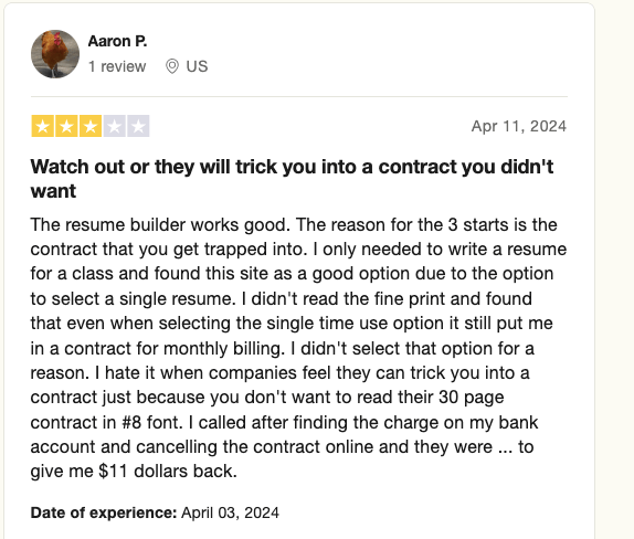 Resume Builder reviewer claims "Watch out or they will trick you into a contract you didn't want"