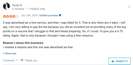 Screenshot of four-star Resume Genius review from SiteJabber