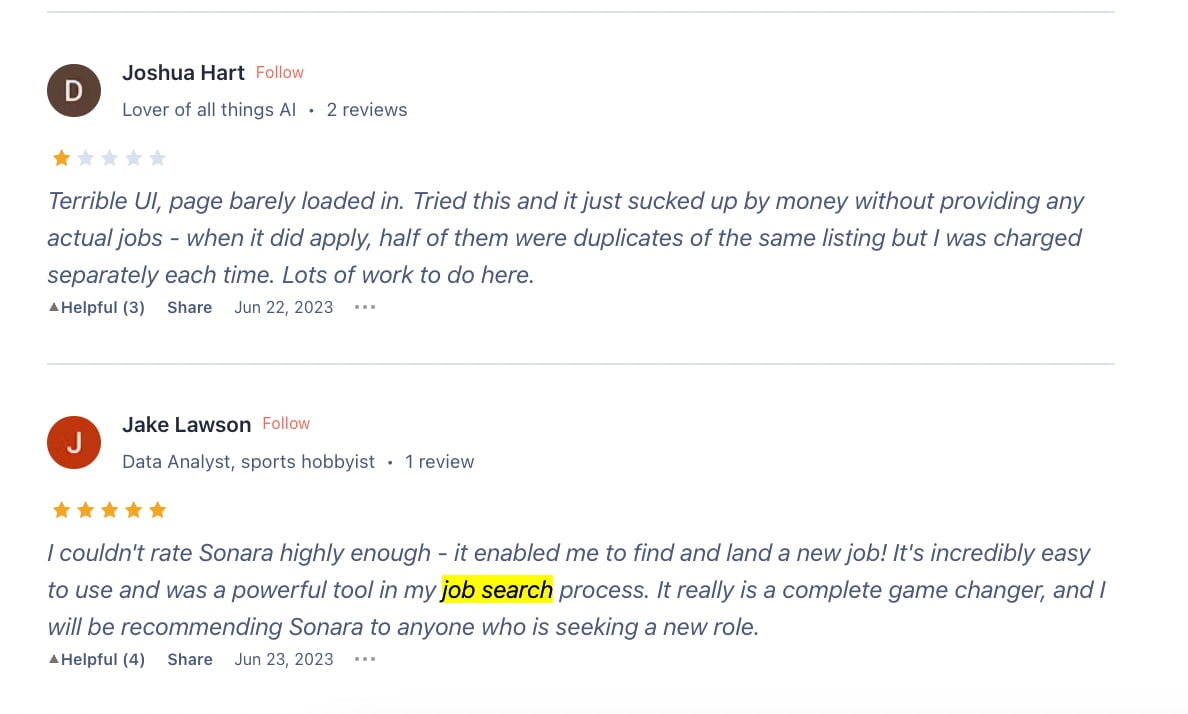 A screenshot of two opposite Sonara AI reviews