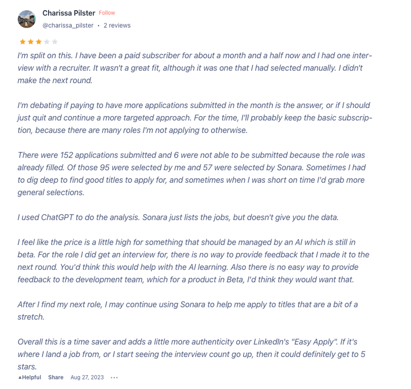 A screenshot of one of several Sonara AI reviews