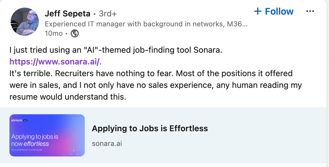 Sonara AI review from LinkedIn