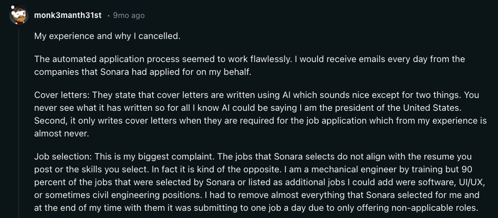 Sonara reviews screenshot from Reddit