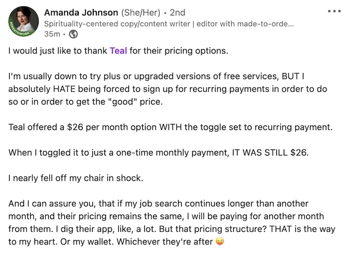 A Teal pricing review on LinkedIn
