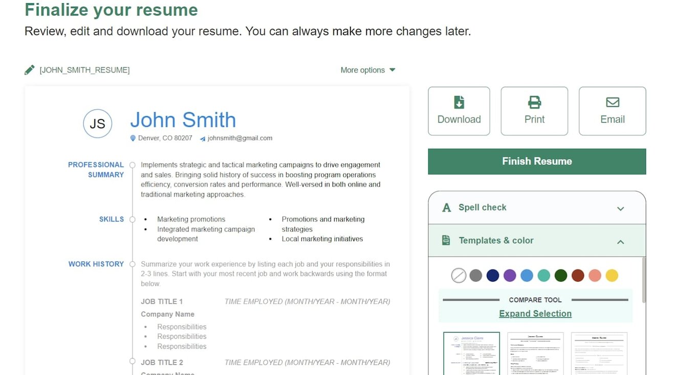 A screenshot of JobHero's finalize resume screen