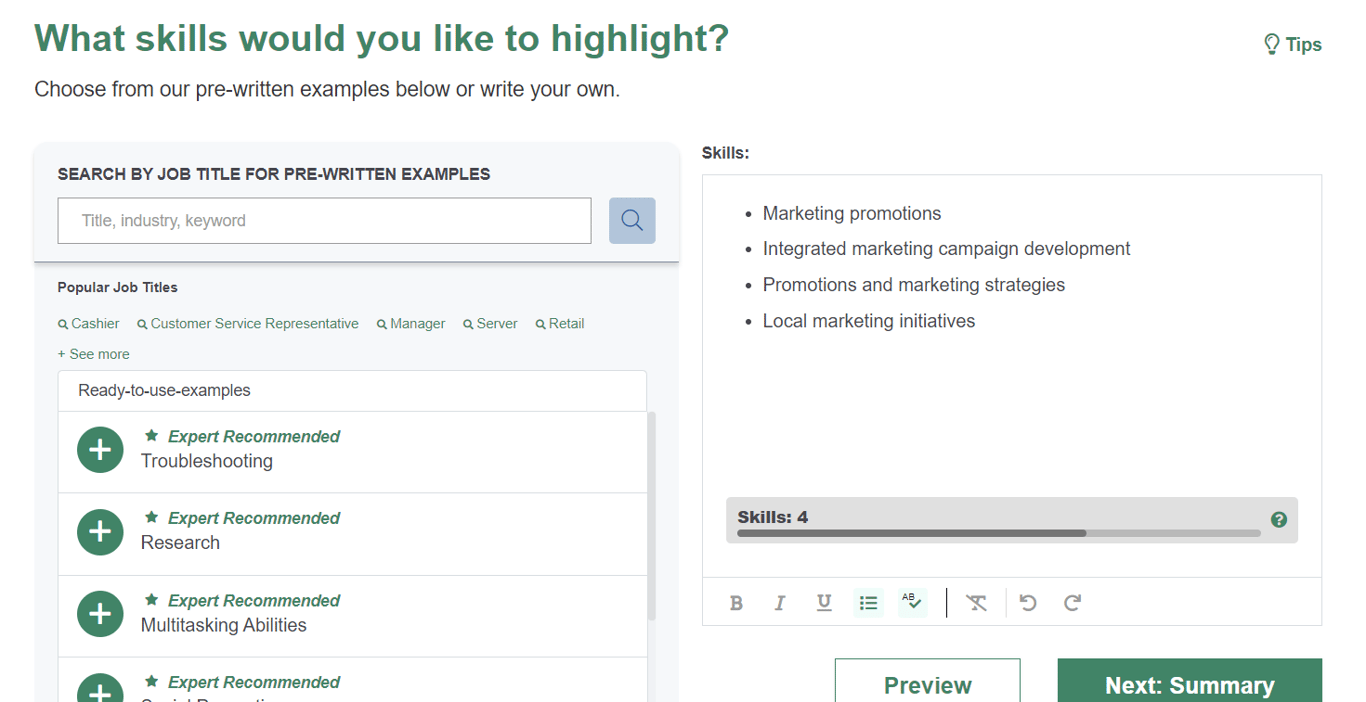 A screenshot of JobHero's resume builder