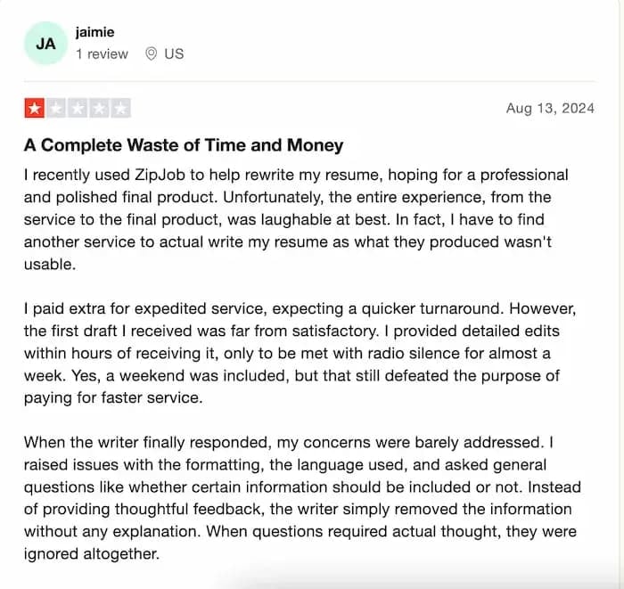 1-star TrustPilot review of ZipJob, part 1