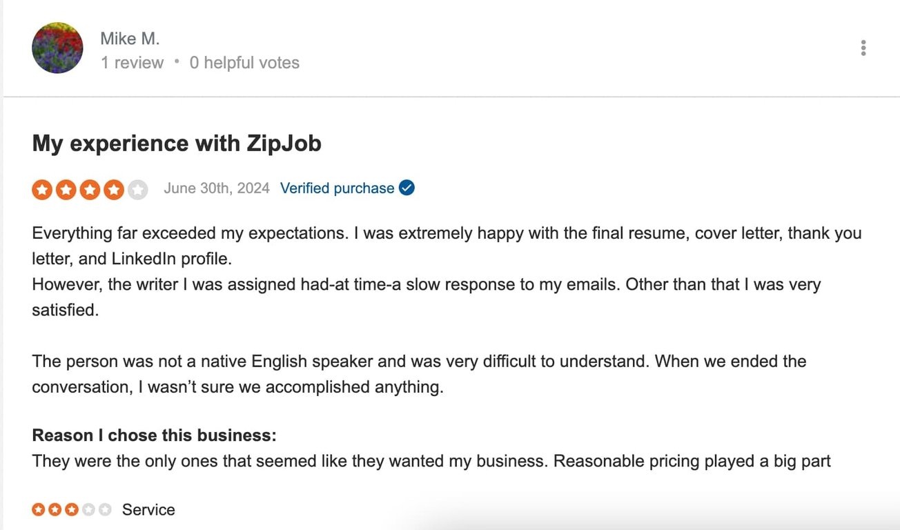 4-star ZipJob review on Sitejabber