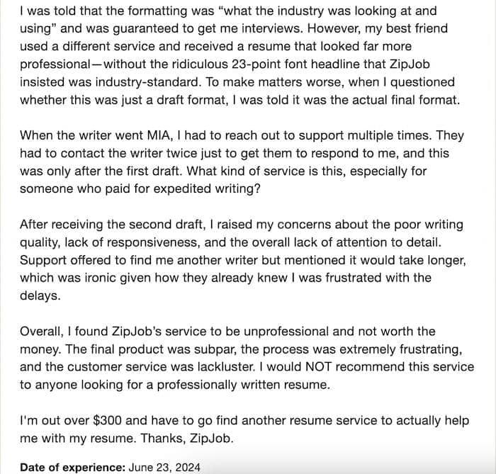 1-star TrustPilot review of ZipJob, part 2