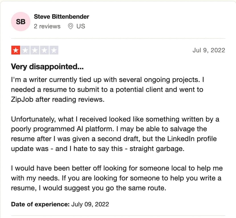 One-star ZipJob review on TrustPilot 