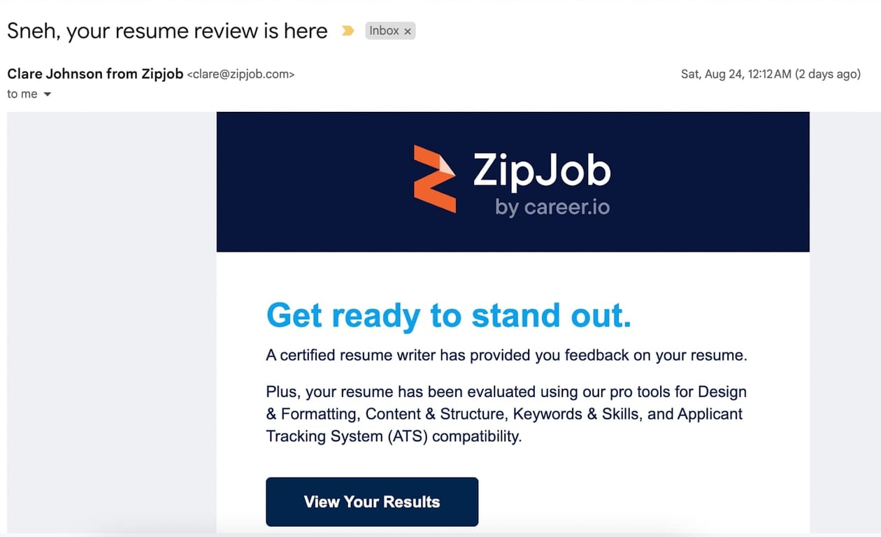 ZipJob resume review email