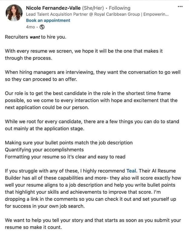 Recruiter review of Teal on LinkedIn