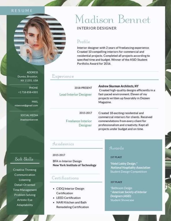 Botanical themed graphic resume 