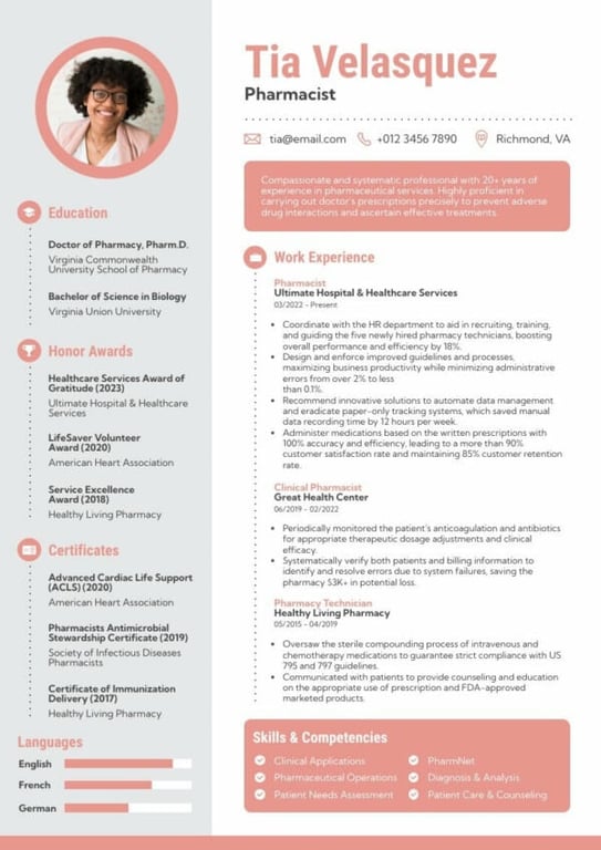 Infographic resume template example for a pharmacist