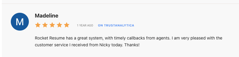 5-star Rocket Resume review on Trust Analytica