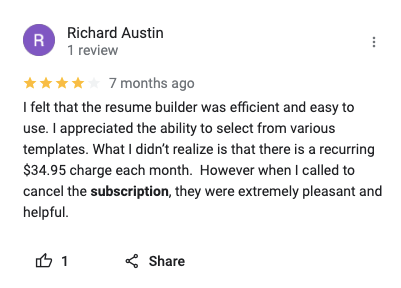 4-star Rocket resume review on Google