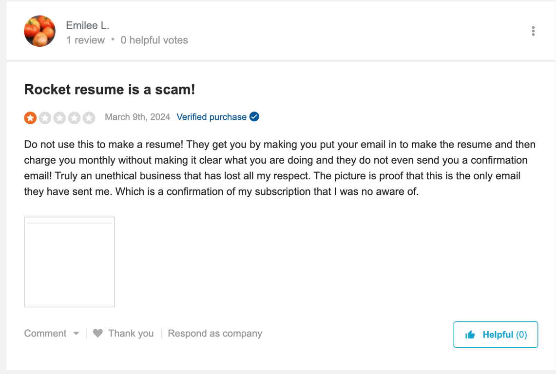 1-star Rocket Resume review on Sitejabber