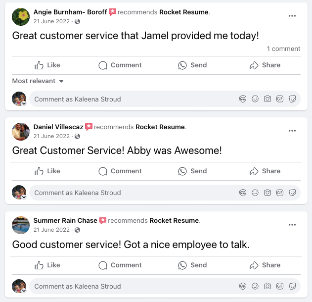 Rocket Resume Facebook reviews