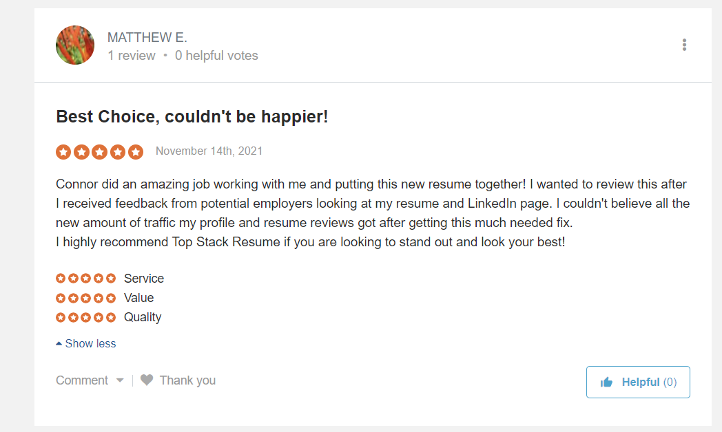 Positive review for TopStack Resume on Sitejabber