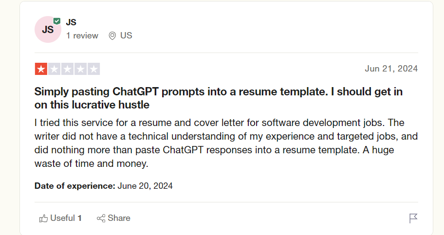 1-star TopStack Resume review on TrustPilot