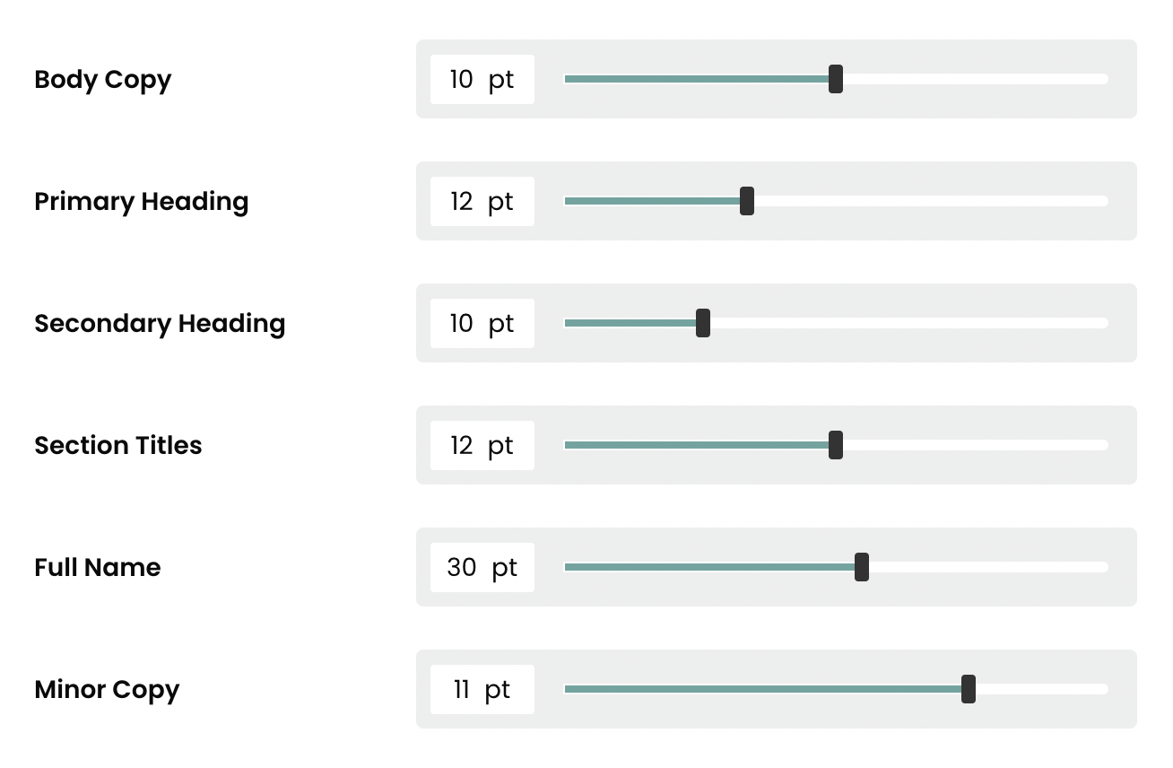 Teal's advanced Design Mode allows you to easily adjust sizing and spacing on your resume.