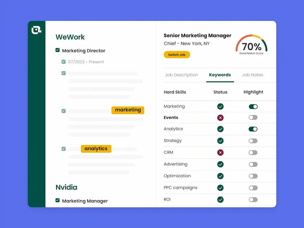 Teal's Resume Builder showing the ability to pick specific highlights from your work history