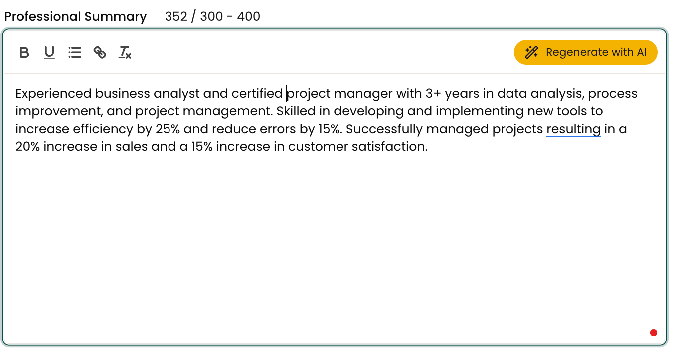 Professional summary generator in Teal's Resume Builder