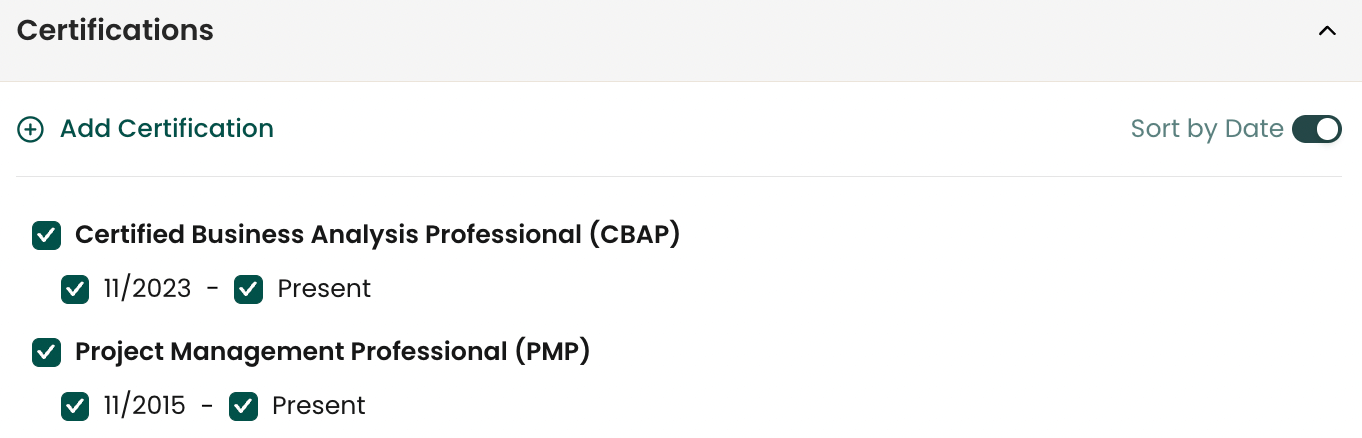Screenshot of Teal Resume Builder Certifications section