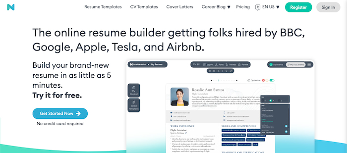 A screenshot of Novoresume's homepage