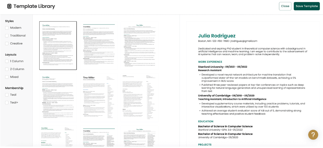 A screenshot of Teal's PhD resume templates