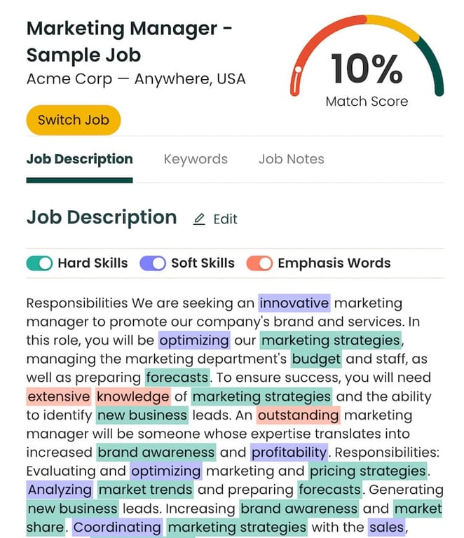 Matching awards to a job description using resume builder