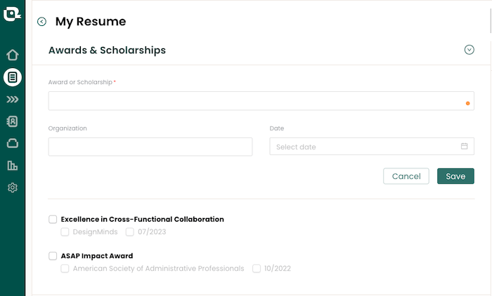 Creating a list of awards using resume builder 